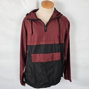 Zine Windbreaker Men's M Burgundy & Black 1/4 Zip Hooded Drawstrings Pockets